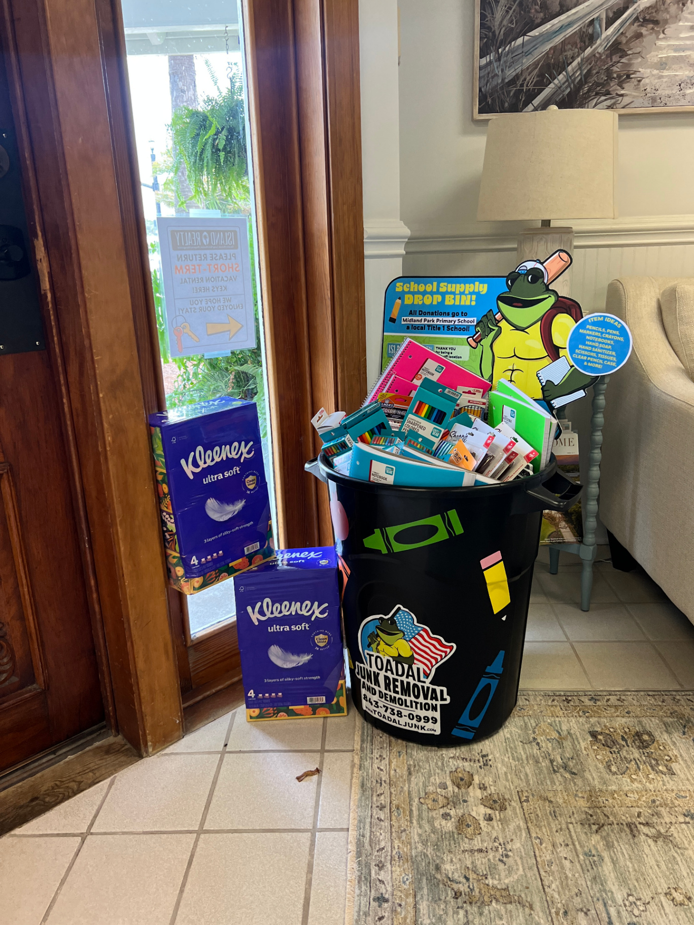Drop bin at Island Realty with donated supplies